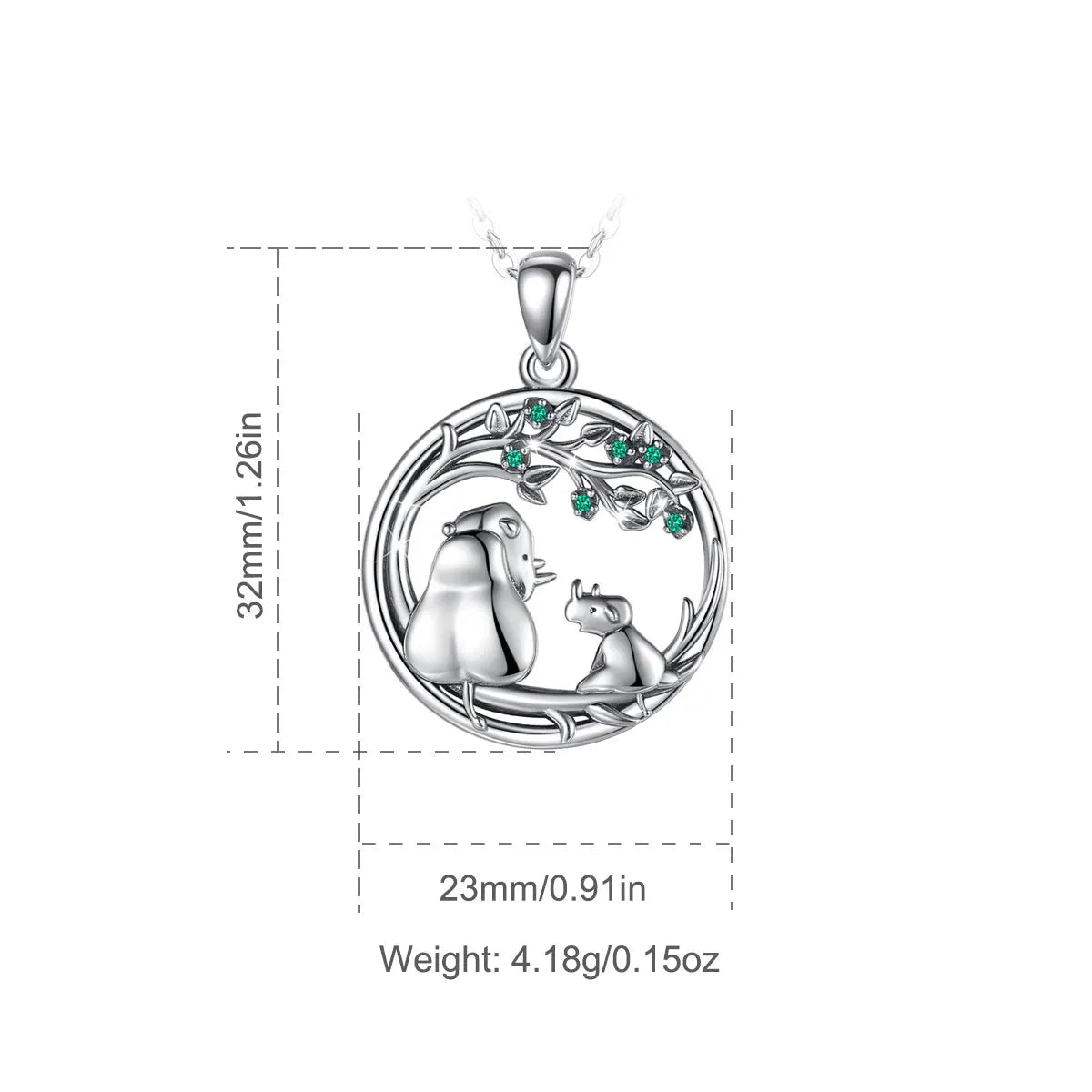 Nashorn Mutter & Kind Anhänger – 925 Sterling Silber mit grünem Zirkonia