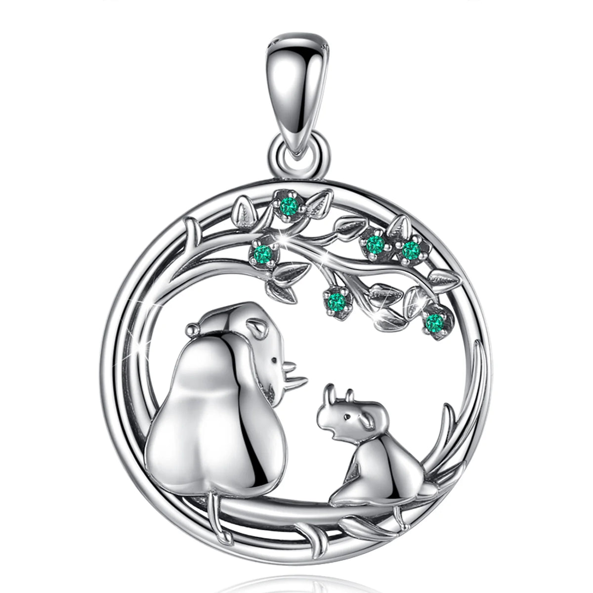 Nashorn Mutter & Kind Anhänger – 925 Sterling Silber mit grünem Zirkonia