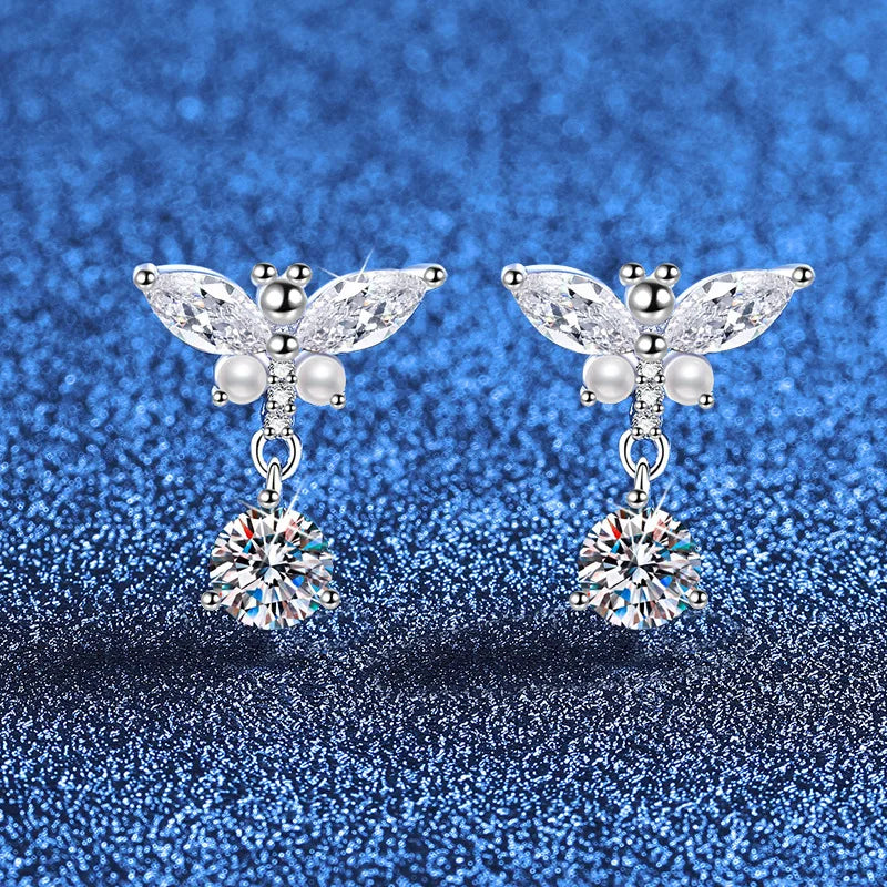 Schmetterling Ohrringe mit Perle | 925 Sterling Silber | Moissanit | D-Farbe