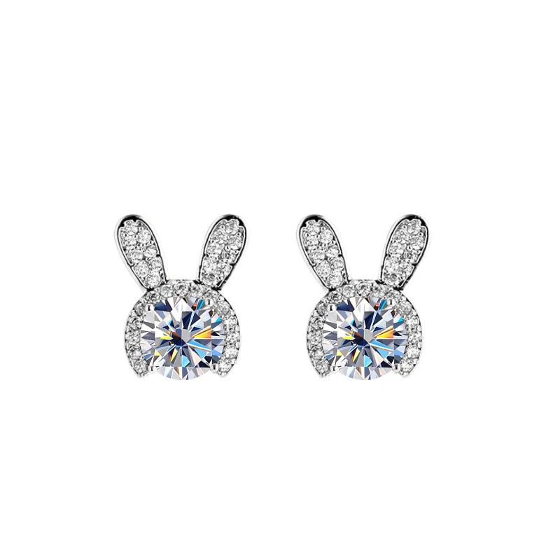 Häschen Ohrstecker | 925 Sterling Silber | Moissanit Rundschliff | 1 Karat | GRA