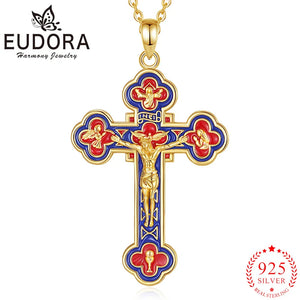 Jesus Crucifix Pendant Red Blue | 925 Silver 18K Gold Plated | Eudora