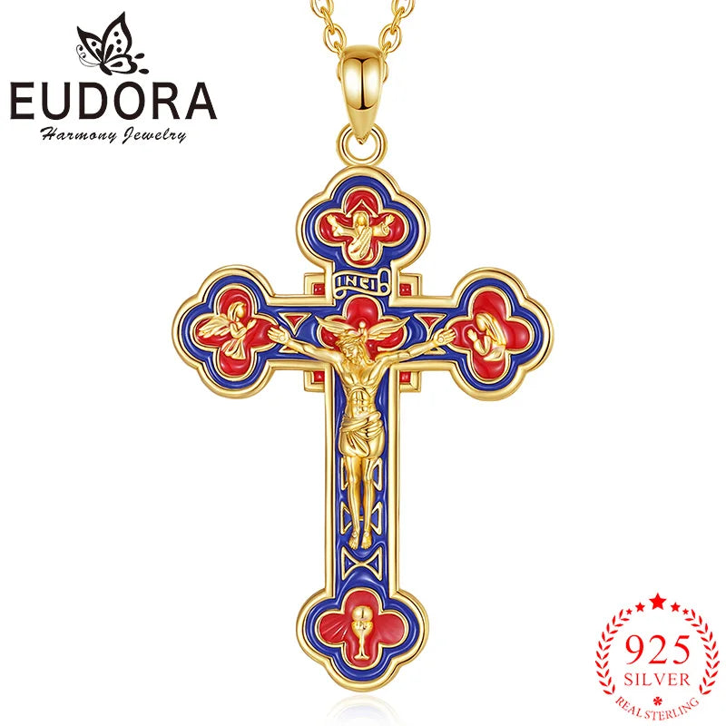 Jesus Kruzifix-Anhänger Rot Blau | 925 Silber 18K vergoldet | Eudora