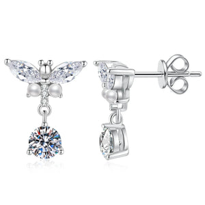 Schmetterling Ohrringe mit Perle | 925 Sterling Silber | Moissanit | D-Farbe