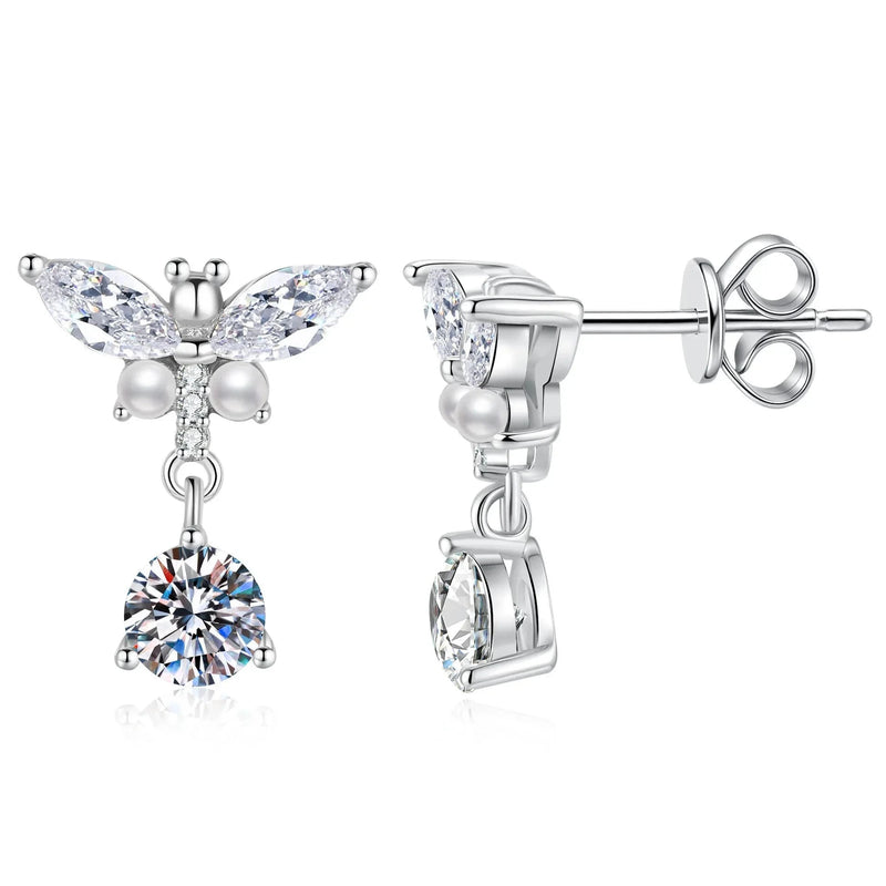 Schmetterling Ohrringe mit Perle | 925 Sterling Silber | Moissanit | D-Farbe