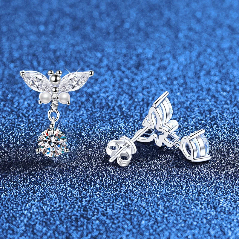 Schmetterling Ohrringe mit Perle | 925 Sterling Silber | Moissanit | D-Farbe