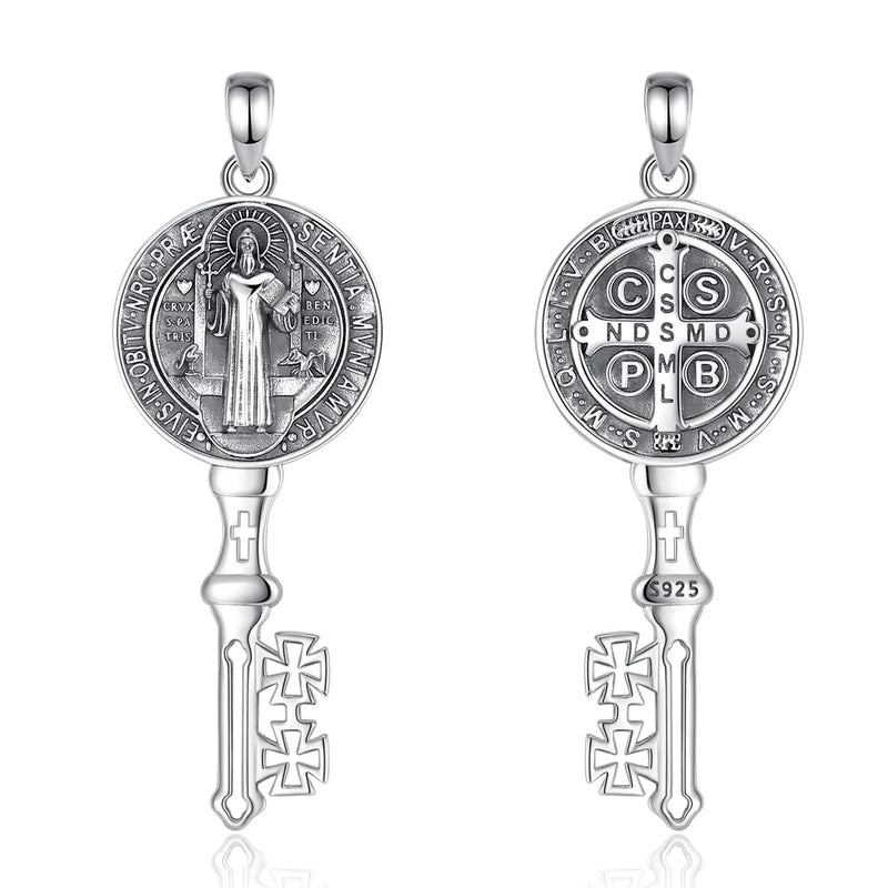 Saint Benedict Anhänger | 925 Sterling Silber | Kreuz & Schlüssel