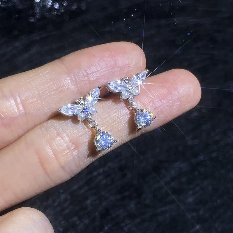 Schmetterling Ohrringe mit Perle | 925 Sterling Silber | Moissanit | D-Farbe