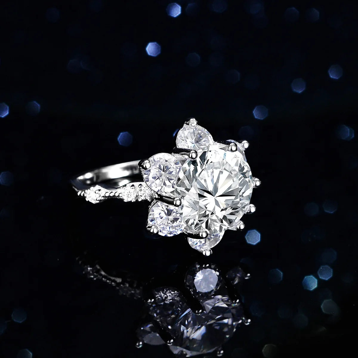 Leveyn Sonnenblumen-Ring – 925 Silber, Moissanit 5 CT, florales Design